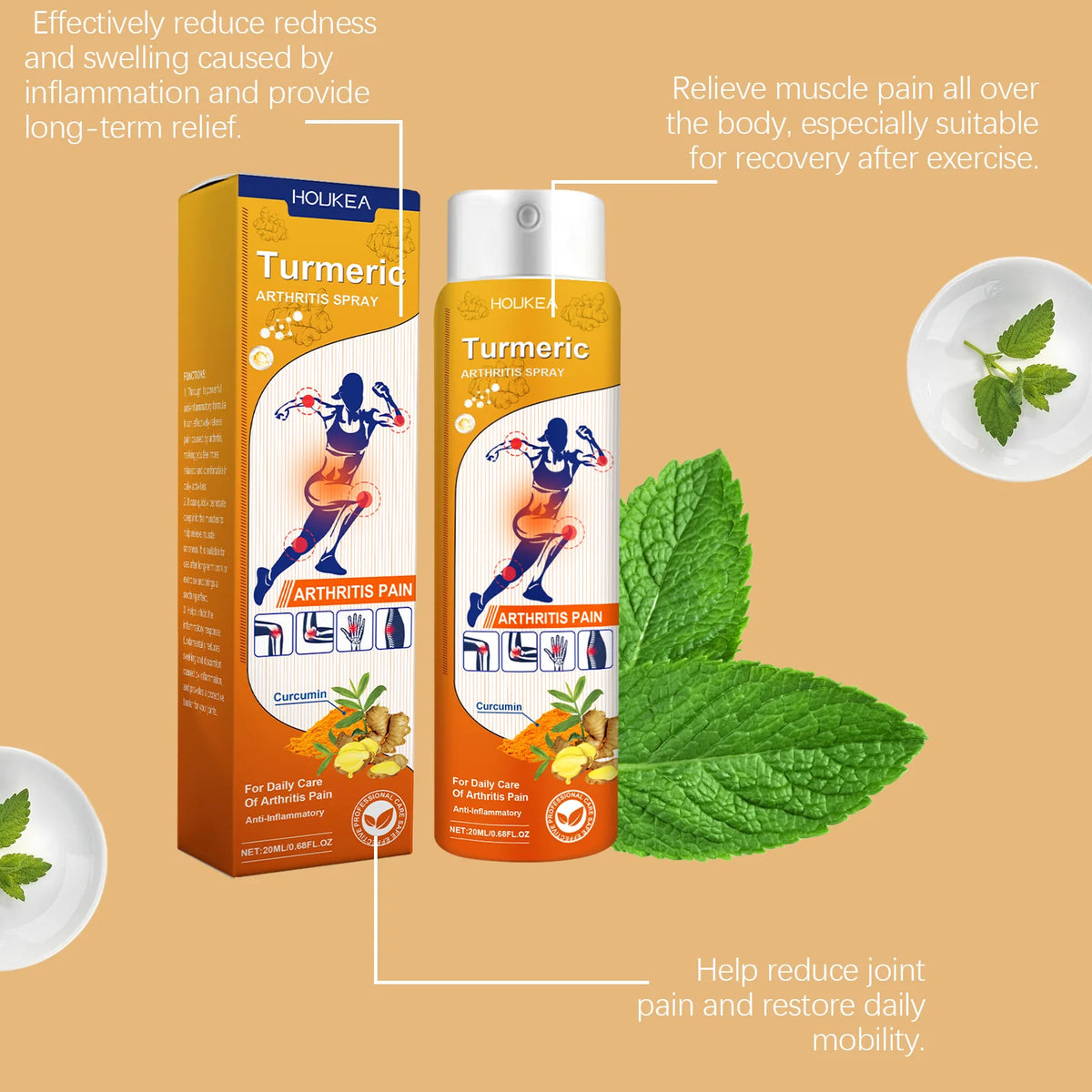 Turmeric Joint Pain Relief Spray with Curcumin & Peppermint Extract, Anti-Inflammatory Joint Care Mist for Arthritis, Sore Muscles & Workout Stiffness, 20Ml