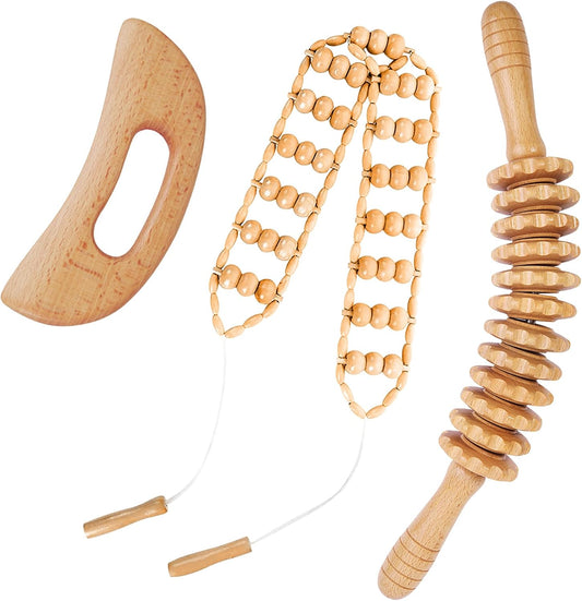 3Pcs Wood Therapy Massage Tools Lymphatic Drainage Massager Wooden Massager Body Sculpting Tools for Maderoterapia,Anti-Cellulite,Pain Relief(3-In-1 Massager)