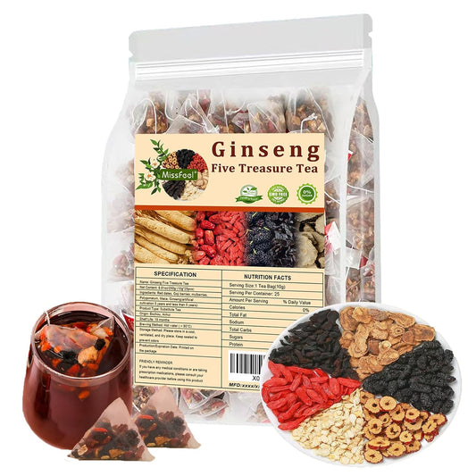 Ginseng Five Treasure Tea, Kidney Tea Formula Ginseng Six Treasure, Natural Kidney Detox Tea for Men&Women, Traditional Chinese Herbal, 6 Precious Ingredients Formula (1 Bag 25 Pcs)