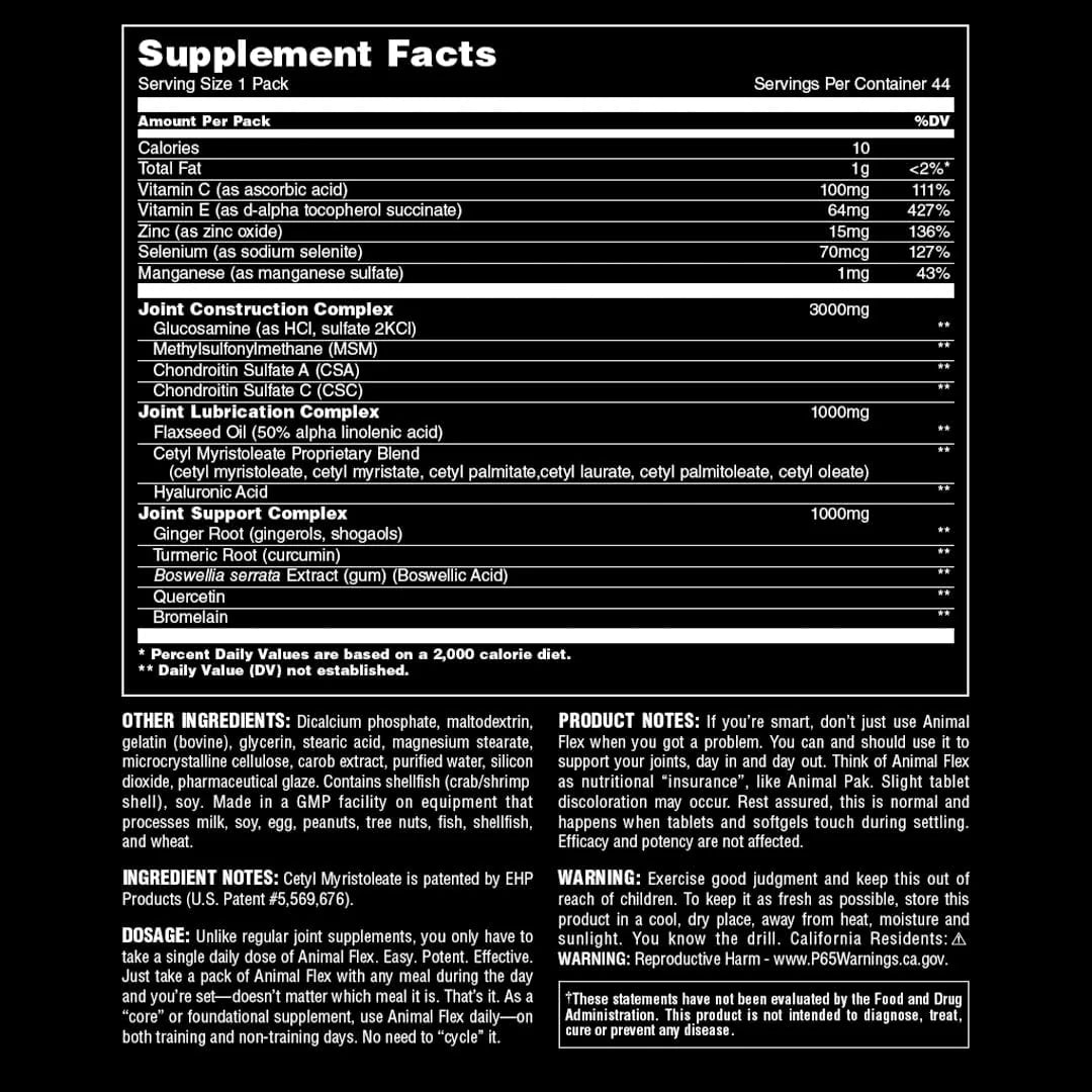 Animal Pak - Convenient All-In-One Vitamin & Supplement Pack - Zinc & Flex –Complete Joint Support Supplement – Contains Turmeric Root Curcumin – Helps Repair & Restore Joints – 44 Packs